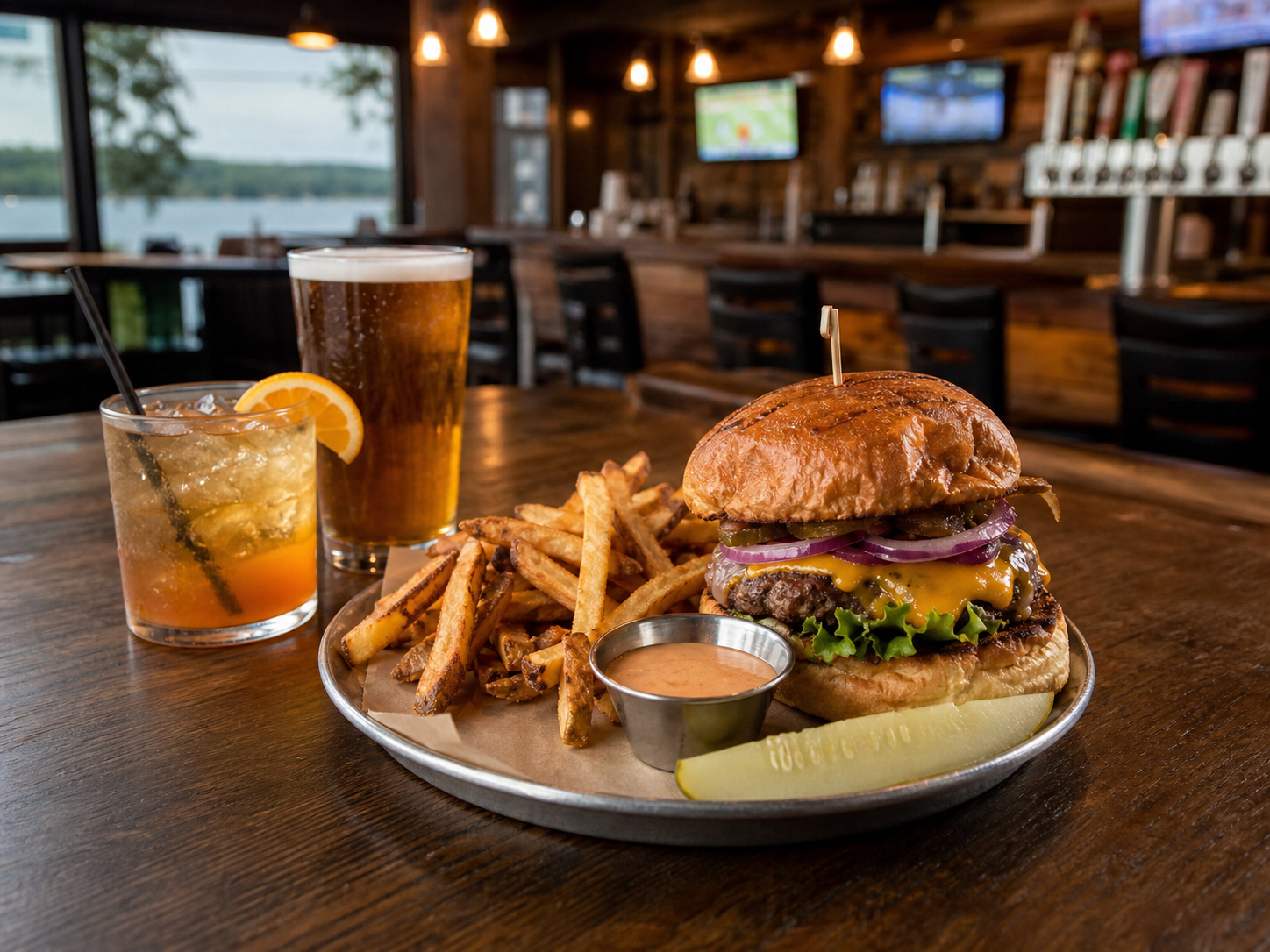 Burger, fries, beer and cocktail on a bar table with lake view in the background