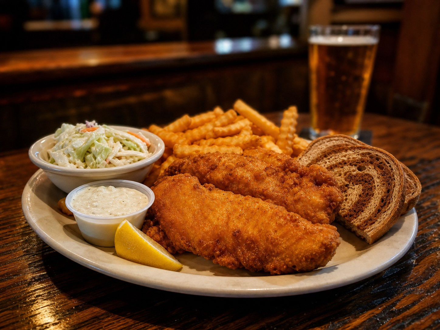 Friday fish fry plate with fries, slaw, rye bread and beer