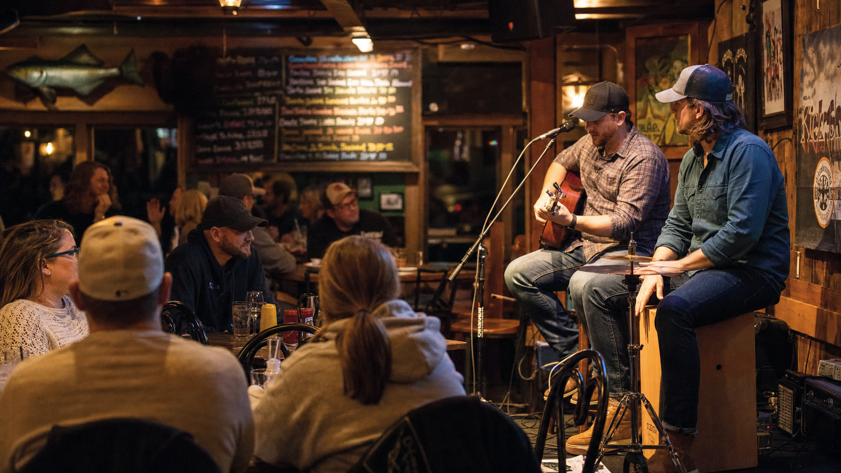 Live acoustic music night inside a warm neighborhood bar